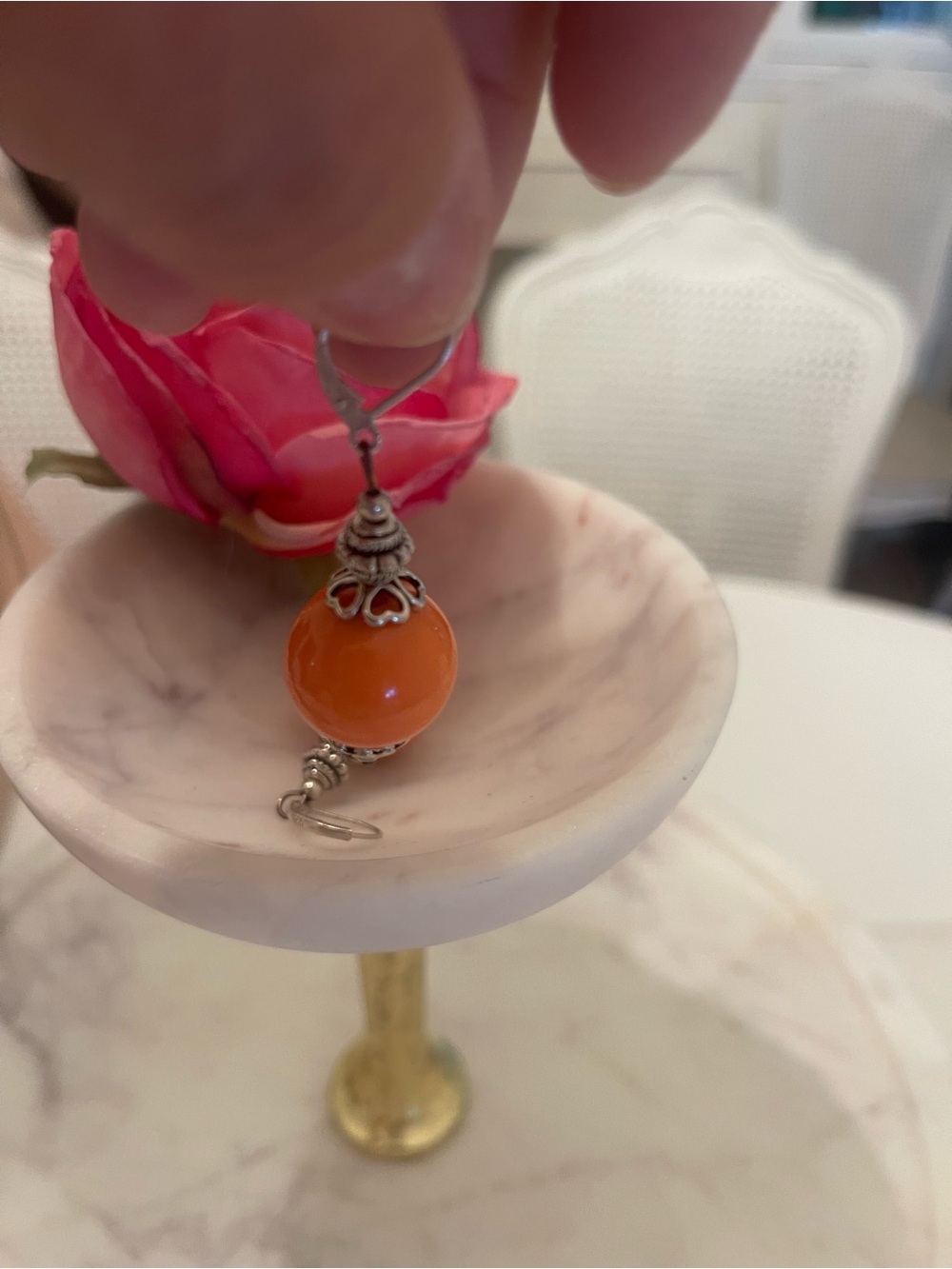 Orange Bead Drop Earring with Silver Accents